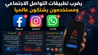 تعطل تطبيقات التواصل الاجتماعي على شاشة هاتف ذكي مع رموز فيسبوك وإنستجرام وواتساب